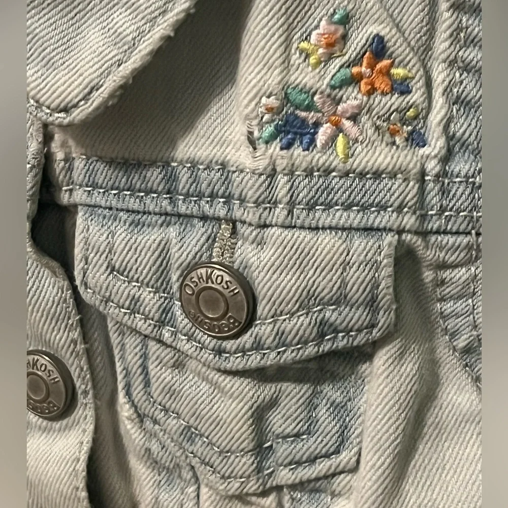 OshKosh B'gosh Girl’s Light Blue Denim Jacket, Snaps. Embroidered Detail, 18 Mo